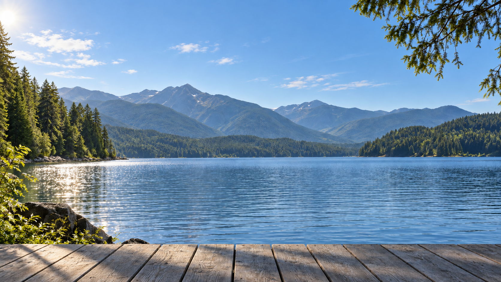 A mountain lake in morning sunlight, with reflections on the water and a wooden terrace