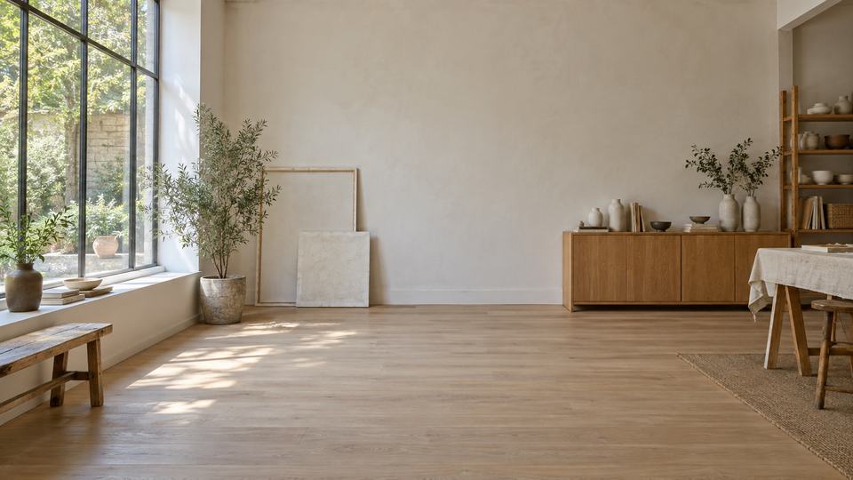 An artist’s studio with blank canvases, ceramics and natural window light; clear morning in Daylight
