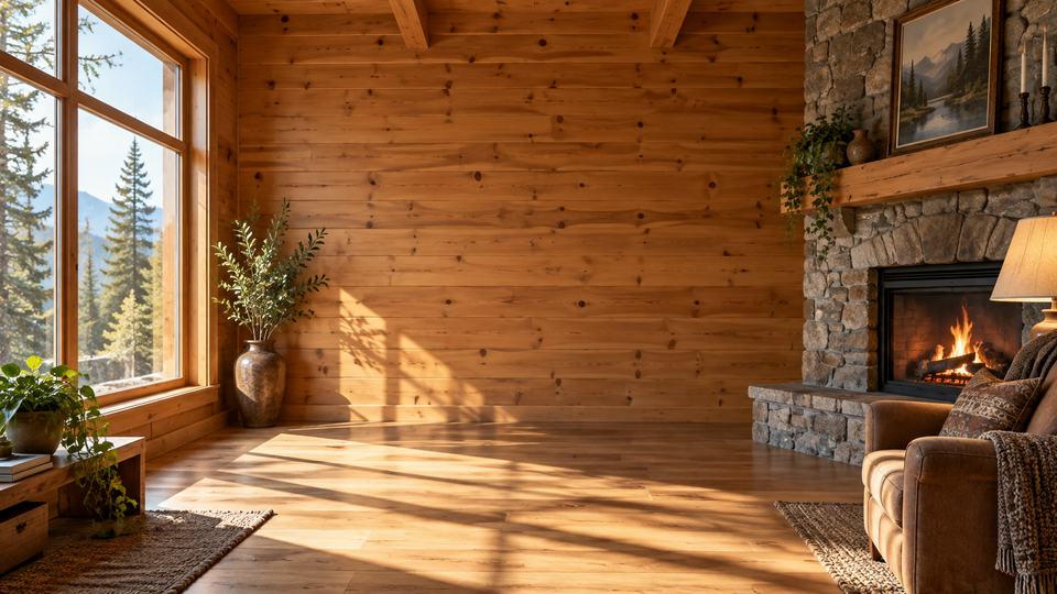 A timber cabin looking out into woodland; clear morning in Daylight