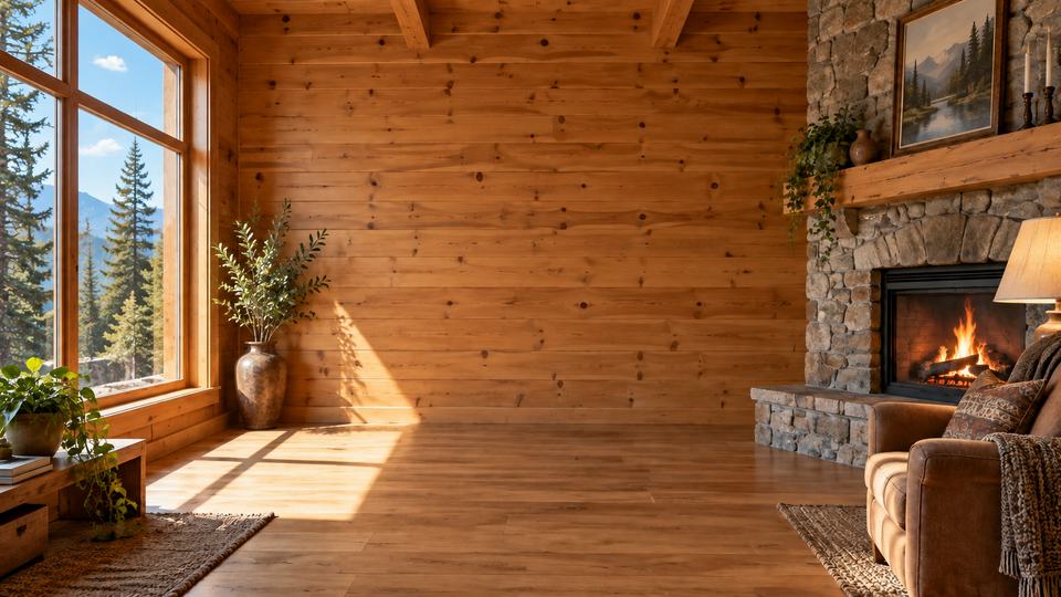A sunlit timber cabin scene with large windows and a stone fireplace