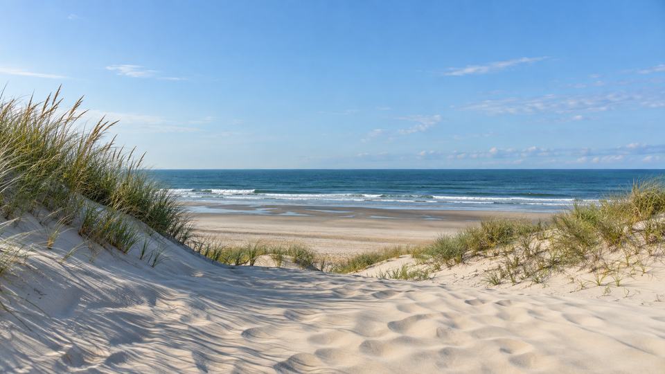 Rolling coastal sand dunes with wisps of dune grass; clear morning in Daylight