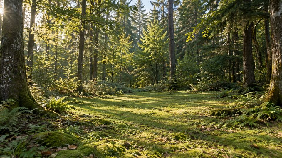A peaceful woodland clearing surrounded by tall trees; clear morning in Daylight