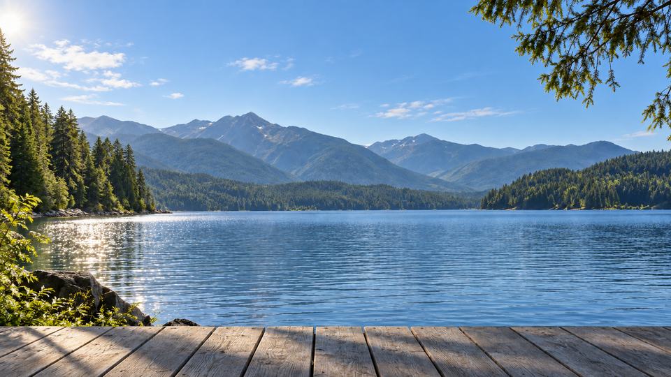 A mountain lake in morning sunlight, with reflections on the water and a wooden terrace