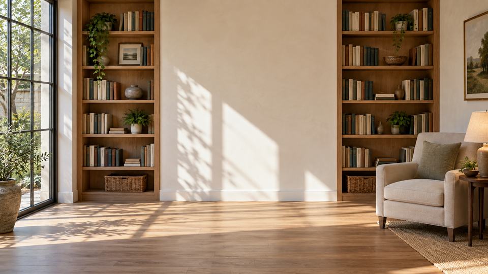 A quiet reading room lined with bookshelves; clear morning in Daylight