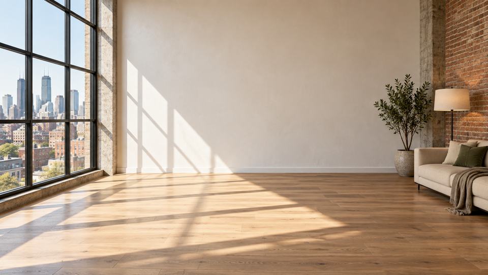 An open city loft with tall windows; clear morning in Daylight
