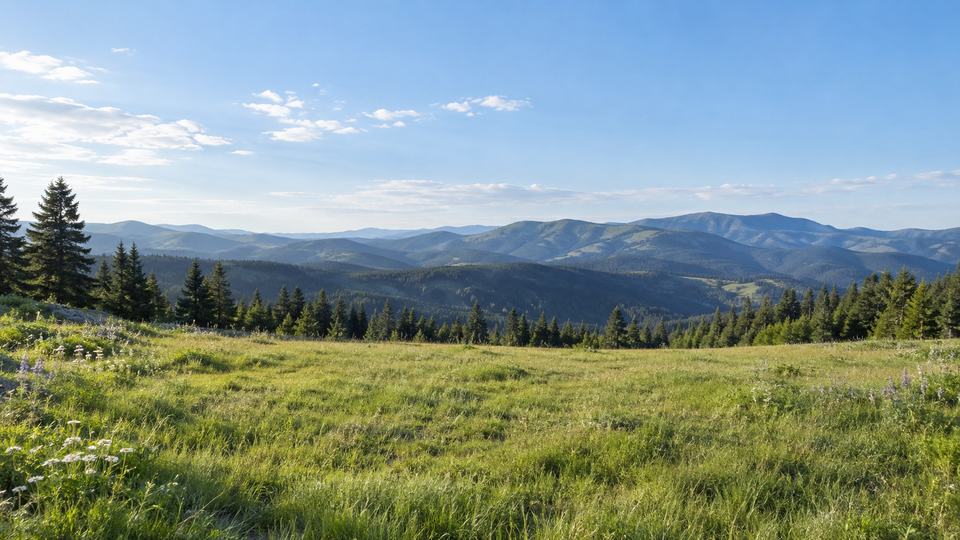 An open alpine meadow beneath distant mountain peaks; clear morning in Daylight