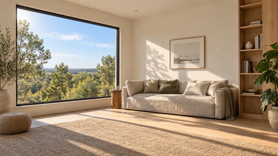 A calm interior video-call background in soft morning light