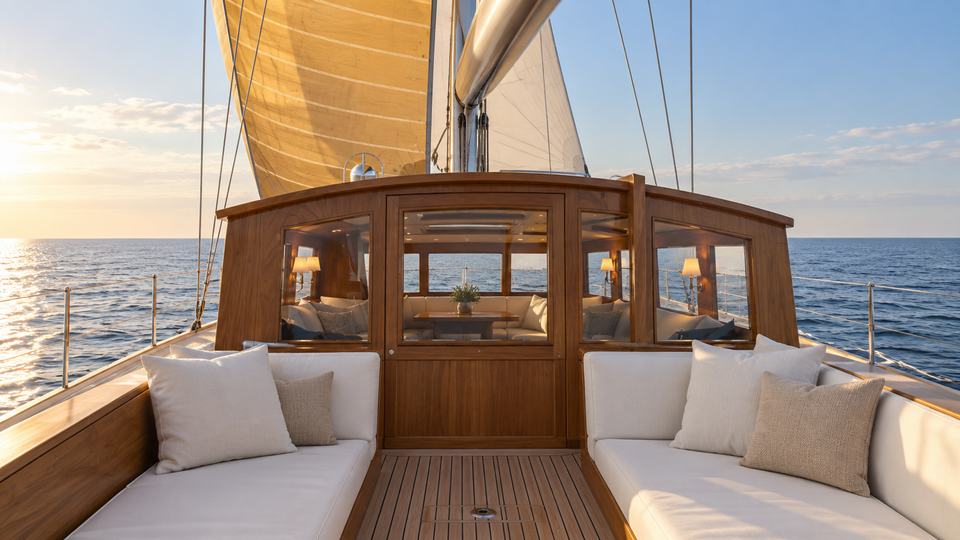 A teak sailing yacht cockpit with cream seating and tan sails on open water; clear morning in Daylight