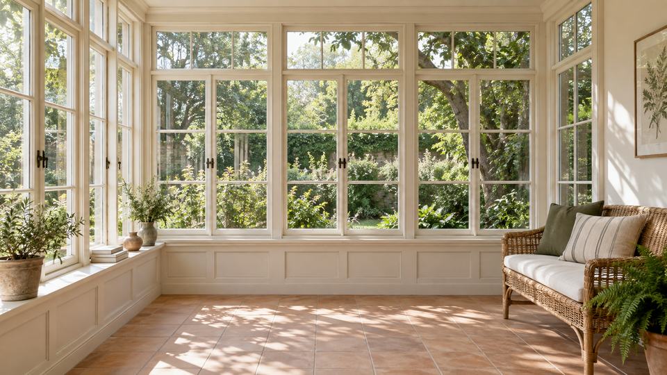 A sunlit interior background with plants beside the window